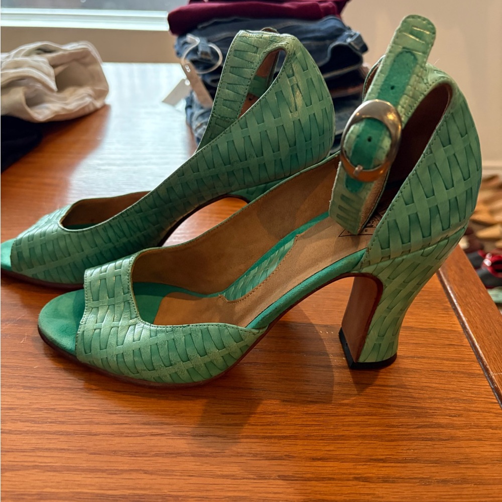 John Fluevog Turquoise Woven Heels